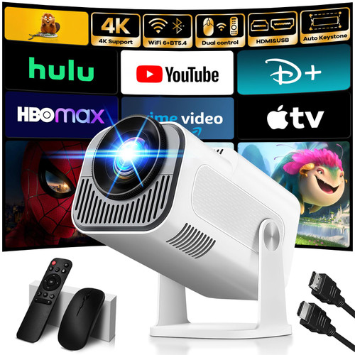 [Projector 2026 Upgraded] Mini Projector Support 4K 1080P Auto Keystone 270°Rotatable with WiFi 6 and Bluetooth 5.2 Projector Portable Compatibile with HDMI/TV Stick/Memory Stick/Laptop,White