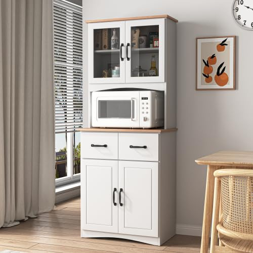 MATONELL Kitchen Pantry Cabinet, Wooden Microwave Storage Hutch with Glass Doors, 2 Drawers & Adjustable Shelves, White Kitchen Cabinet for Kitchen Dining Room