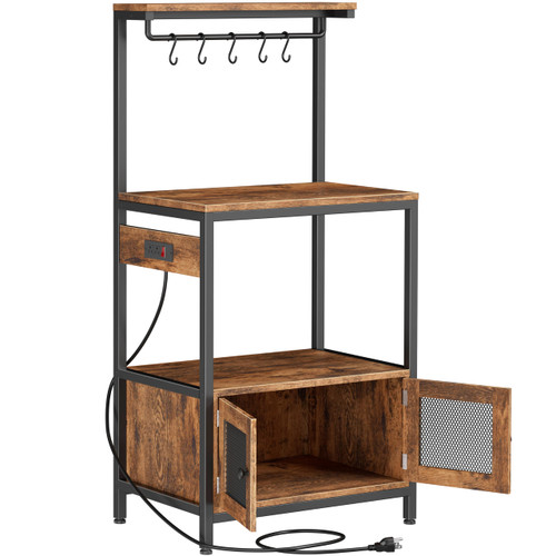 Enoxen Baker's Rack for Kitchen with Power Outlet, Coffee Bar Station and Microwave Stand, Industrial Storage Shelf with Cabinet and Hooks, Rustic Brown