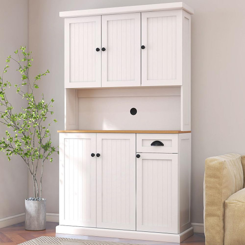71 Inch Tall Kitchen Pantry Cabinet with Countertop, Microwave Stand, Storage Cabinets, Drawer & Adjustable Shelves, Coffee Bar Cabinet with Cable Management Hole, Modern Buffet Hutch
