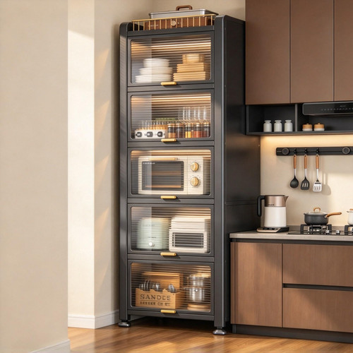 Metal Bakers Rack W/ Transparent Doors, Kitchen Cabinet For Microwave