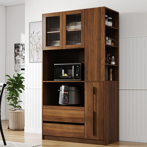 LUMISOL 70.87" Tall Kitchen Pantry Cabinet with Pull-Out Multi-Tier Storage Shelf, 4-Tier Side Shelf, 2 Drawers, Glass Door, Freestanding Food Hutch with Microwave Stand for Dining Room, Walnut