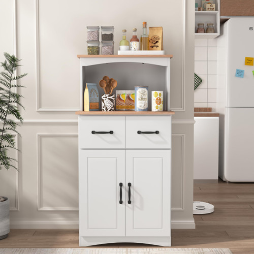 Kiwaou White Kitchen Pantry Cabinet with Microwave Stand and Drawer