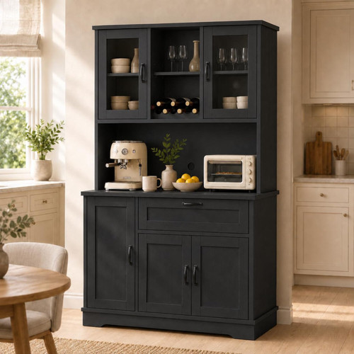 Nuturelly 68" Tall Kitchen Pantry Cabinet with Microwave Stand, Black