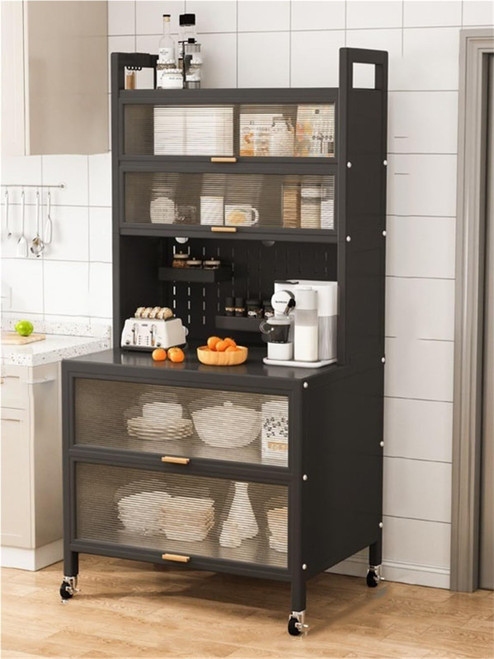 Kitchen Pantry Storage Cabinet, 6-Tier Microwave Stand with Flip Doors and Wheels, Metal Sideboard for Spices, Pots, Pans, and Kitchen Organization