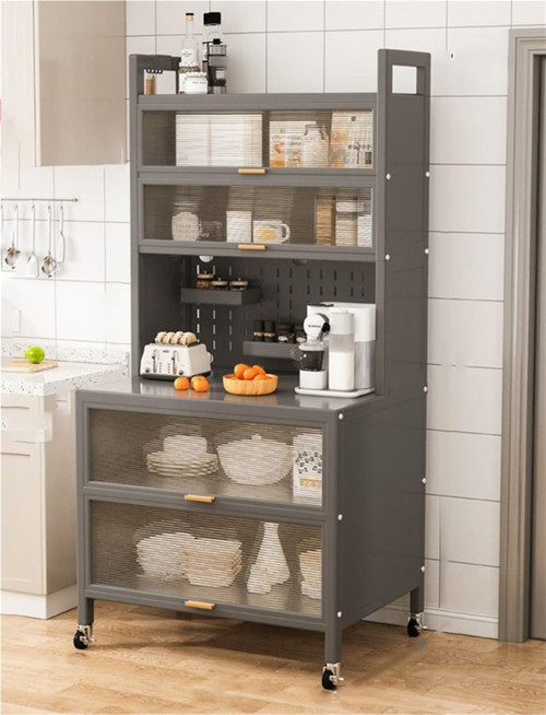 Kitchen Pantry Storage Cabinet, 6-Tier Microwave Stand with Flip Doors and Wheels, Metal Sideboard for Spices, Pots, Pans, and Kitchen Organization