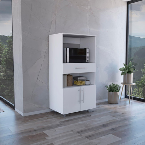 White Storage Cabinet with Microwave Stand, Utility Drawer and Open Shelf