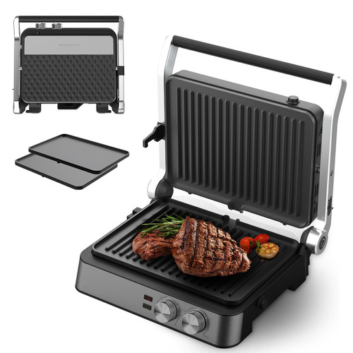 Panini Press,4 Slices Contact Grill with Removable Non-Stick Coated Grill and Flat Plates,Panini Makers with Temperature Control and Timer,Open 180 Degrees,Grill and Griddle (Half black with sus)