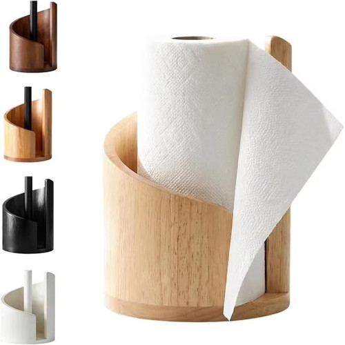SUILU 2026 New Mountain Paper Towel Holder Countertop, 100% Natural Mango Wood Round Base and Iron Holder, Wooden Paper Towel Holder for Kitchen Roll Organize Dining Table Home Decor-Beige