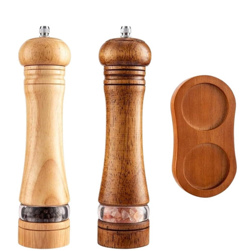 Easily Adjustable Manual Salt And Pepper Grinder Set With Wood Tray, Wooden Adjustable Coarseness Keeps grind Fresh(A)