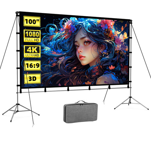100 Inch Projector Screen with Stand, Movie Projector Screen Indoor/Outdoor Front/Rear 16:9 4K HD with Carry Bag, Movie Screen for Home, Backyard, Camping Theater