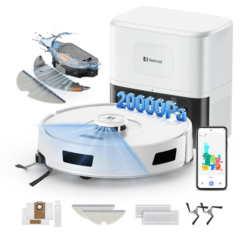 Redroad Robot Vacuum Cleaner 20,000 Pa Robot Vacuum and Mop,90 Day Self Emptying Vacuum Robot,Lidar Navigation,5G/2.4GWiFi APP Aspirateur Robot,Self-Charging Robot Vacuums for Pet,Floor,Carpet White