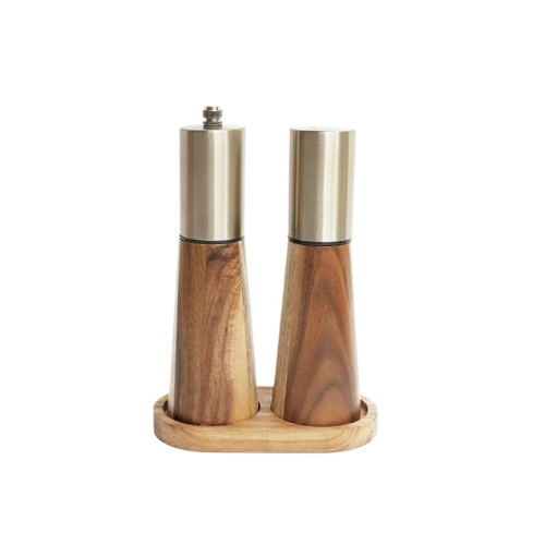 Acacia Wood & Metal Spice Grinder Set with Base, Pepper Salt Mill