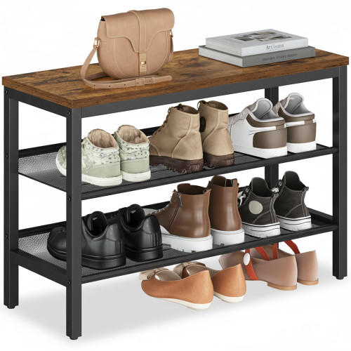 VASAGLE 3 Tier Shoe Rack Bench, One Piece Shelves, Shoe Storage Organizer with Raised Edges, Industrial Style, Easy Assembly, 11 x 29.5 x 19.7 Inches, Rustic Brown and Matte Black ULSB070KD01S