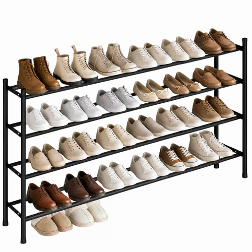 STORAGE MANIAC Long Expandable Shoe Rack, Holds Up 24 Pairs, Black 4 Tiers
