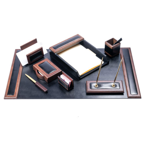 DACASSO Wood & Leather Desk Set - Luxury Leather Desk Pad & Desk Organization Essentials - Office Organization & Executive Desk Decor - (Walnut and Black, 8 Piece)