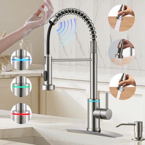 VIDEC Touch On Kitchen Faucet, 3 Modes Pull Down Sprayer, Touch On Sensor Activated, LED Temperature Control, 360-Degree Rotation, 1 or 3 Hole Deck Plate. 10-Year Warranty. (Brushed Nickel,KW-66SN)