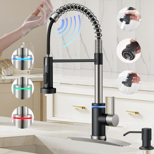 VIDEC Touch On Kitchen Faucet, 3 Modes Pull Down Sprayer, Sensor Activated, LED Temperature Control, 360-Degree Rotation, 1 or 3 Hole Deck Plate. 10-Year Warranty.(Black/Brushed Nickel,KW-66NR)