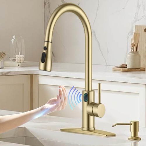 VIDEC Touch-Less Kitchen Faucet, 3 Modes Pull Down Sprayer, Touch-Less Sensor Activated, LED Temperature Control, 360-Degree Rotation,1 or 3 Hole Deck Plate. 10-Year Warranty.(Matte Gold, KW-78J)