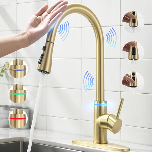 VIDEC Touch On Kitchen Faucet, 3 Modes Pull Down Sprayer, Touch On Sensor Activated, LED Temperature Control, 360-Degree Rotation,1 or 3 Hole Deck Plate. 10-Year Warraty. (Brushed Gold, KW-70J)