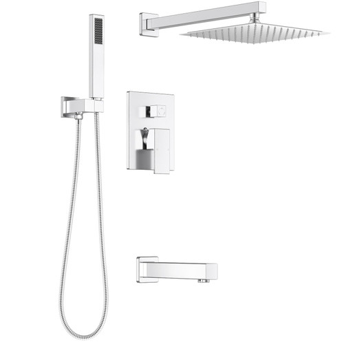 Lava Odoro Modern 3-Setting Square Shower and Tub Faucet Set with Shower Head and Handheld Sprayer Chrome, Rainfall Shower System with Tub Spout, Shower Valve Trim Kit, Chrome, SF103-C-T