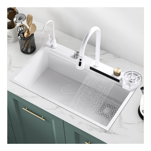MBROS Black Nano Waterfall Sink with Glass Cup Washer for Drop in Work Station Kitchen Sink Farmhouse with Pull-Out Faucet Combo Stainless Steel Single Bowl Bar Utility Sink Undermount, 3 Sizes, 5