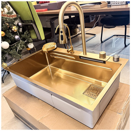 Stainless Steel Workstation Sink with Pull-Out Faucet Nano Coated Small Basin Cup Drain Set Gold Finish 80 x 45 cm - Perfect for Modern Kitchens