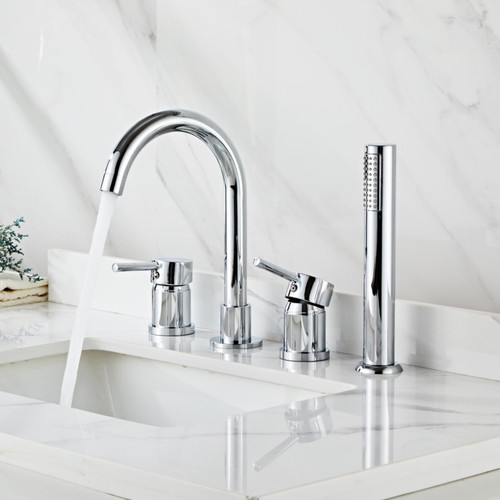 ZOCWJK Bath Shower Mixer Tap Black 4 Hole Bath Taps Set with Shower Single Lever Shower Mixer 360 Degree Rotating Tap,Chrome