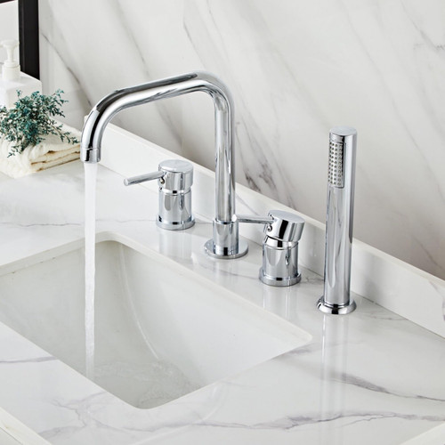 ZOCWJK Bath Shower Mixer Tap Black 4 Hole Deck Mounted Bath Taps 360 Rotating Shower for Taps On Bath,Chrome