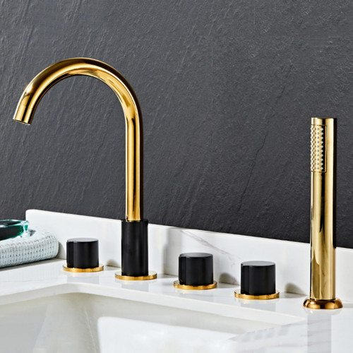ZOCWJK 5 Hole Bath Tap Black Bath Mixer Taps with Shower 360 Rotating Tap Double Bath Taps Lever Bathroom Mixer Tap with Shower,Black+Gold