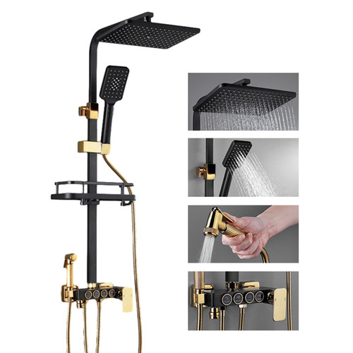 JIANSMZ Black Gold Shower Fixtures Shower Faucets Sets Button 4 Function Metal Wall Mount Exposed Shower System