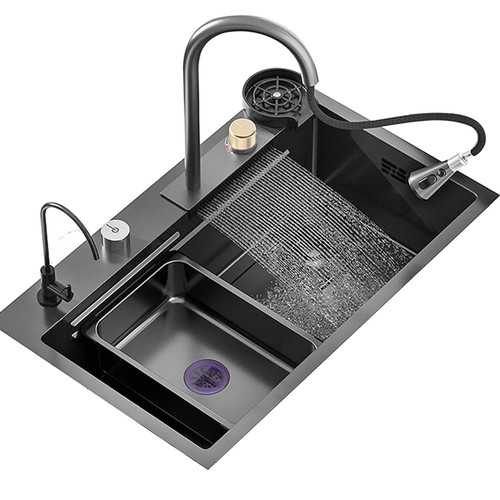 CHENWMZ Black Stainless Steel Kitchen Sink with Waterfall Black Faucet - Single Bowl Sink with All Accessories Included