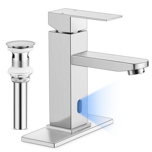 Herogo Touchless Bathroom Faucets Brushed Nickel Stainless Steel Automatic Motion Sensor Bathroom Faucet RV Bar Sink Faucet for 1-3 Hole Single-Handle with Pop Up Drain Stopper Water Supply Hoses