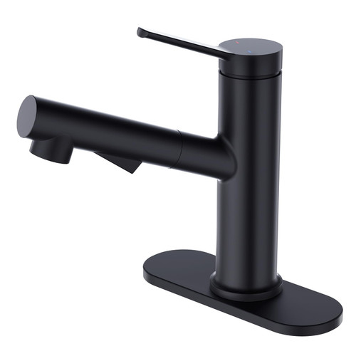 Faustina Matte Black Bathroom Faucet with Pull Out Sprayer, Bathroom Sink Faucet for Vanity or Laundry, Stainless Steel 1 Handle with Deck Plate for 1 or 3 Hole