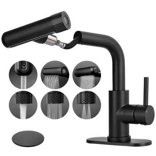 Matte Black Bathroom Faucet with Pull Down Sprayer, 6 Water Mode, Single Handle, 1 or 3 Hole Bathroom Sink Faucet with Pop Up Drain for RV Bar Laundry Vanity