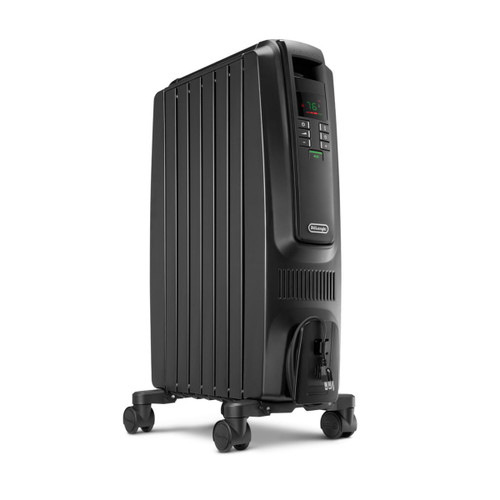 DeLonghi Dragon Digital Oil Filled Radiator Heater, 1500W Electric Space Heater for indoor use, programmable timer, Energy Saving, full room heater with safety features TRD40615EBK, 16"x10"x26", Black