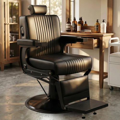 KIIUMI Retro Barber Chair, All Black Salon Chair with Metal Frame, Wide Seat Cushion and Removable Headrest, Professional Hairdresser Chair for Braiding and Styling Services