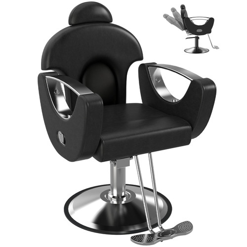 HXBOAUVS Salon Chair for Hair Stylist, Reclining Salon Chair with Adjustable Height, 360°Swivel Barber Salon Chair with Hydraulic Pump for Home & Barbershop, Black and Silver