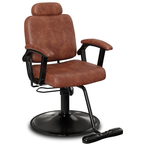 Baasha Premium Brown Reclining Salon Chair with Removable Headrest, All-Purpose Hydraulic Barber Chair, Soft PU Leather, 360° Swivel, 135° Recline, Heavy-Duty Steel Frame, 330 lbs Capacity