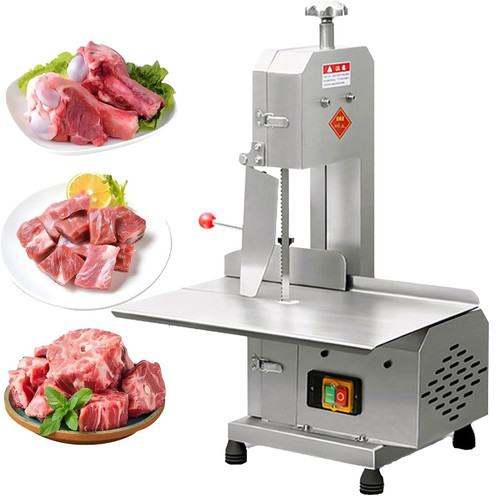 Electric Meat Bandsaw Machine, 750W Stainless Steel Cutter, 5 Blades, 0-13cm Cutting Thickness for Meat, Bones, and Frozen Products