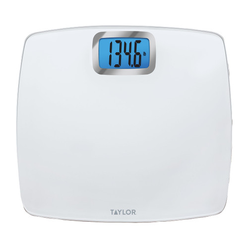 Taylor Digital Scales for Body Weight, Extra high 440 LB Capacity, Unique Blue LCD, Bright White Finish Extra LargePlatform, 12.2 x 13.5 Inches, White