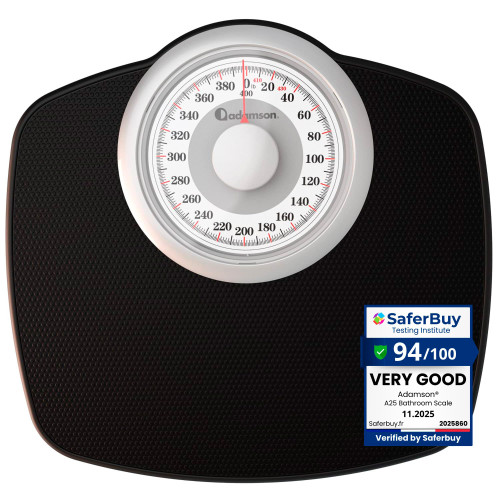 Adamson A25 Scales for Body Weight - Up to 400 LB - New - 5.3" Dial on 12.4" x 10.2" Platform - Anti-Skid Rubber Surface - High Precision Bathroom Scale Analog - Durable with 20-Year Assurance - Black
