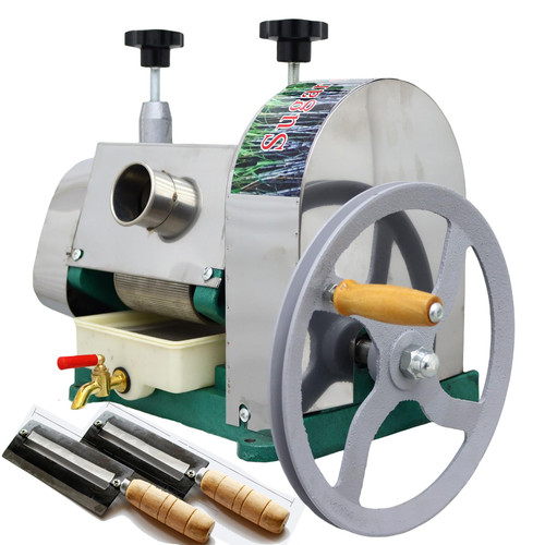 WYDDDARY Manual Suger Cane Press Juicer Machine 3 Steel Rollers Wooden Hand Crank Juice Extractor with 2 Peeling Knives for Home Commercial Juicing