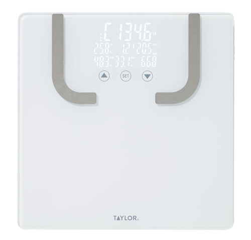 Taylor Smart Bathroom Scale with BIA Body Fat Analysis, Bluetooth App Sync, Digital Weight Monitor, BMI & BMR Tracking, 8 User Profiles, 440 lb Capacity, LED Display, Glass Platform, White