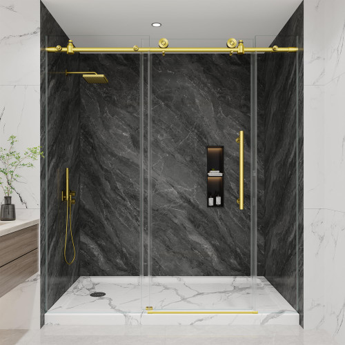 KPUY Frameless Sliding Shower Door 67-72" W x 76" H, Brushed Gold