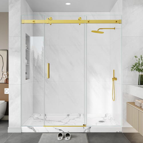KPUY Frameless Sliding Glass Shower Door 67-72" W x 76" H, Brushed Gold