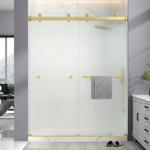 Frameless Double Sliding Frosted Shower Door 67"-72"Wx72"H,1/4"Brushed Gold