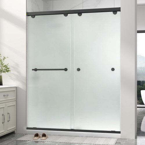 Frameless Double Sliding Frosted Shower Door,55-60"Wx76"H,5/16" Matte Black