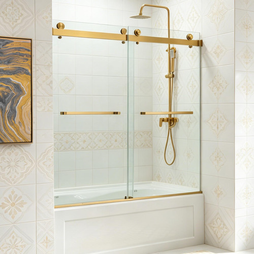 Brushed Gold 60''x 62'' Frameless 3/8" Glass Shower Door for Bathtub