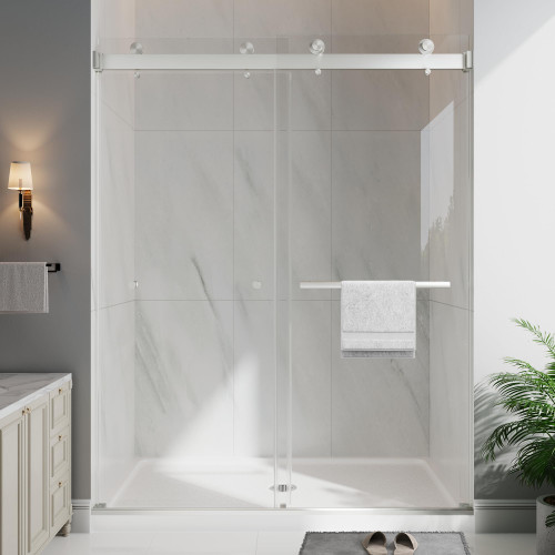EASYWORC 61-66" x 78"H Frameless Double Sliding Shower Doors Brushed Nickel